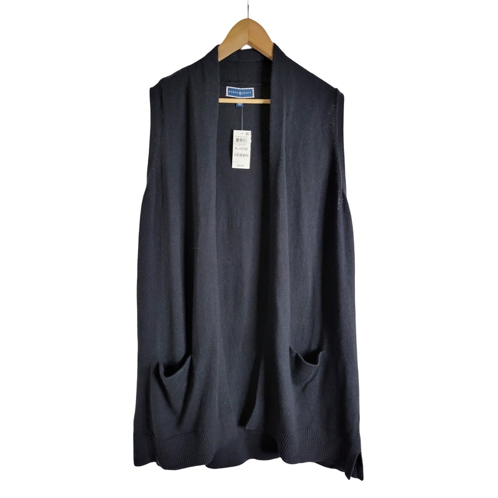 Karen Scott XL Duster Vest Deep Black Open Front Knit Cardigan Old Money